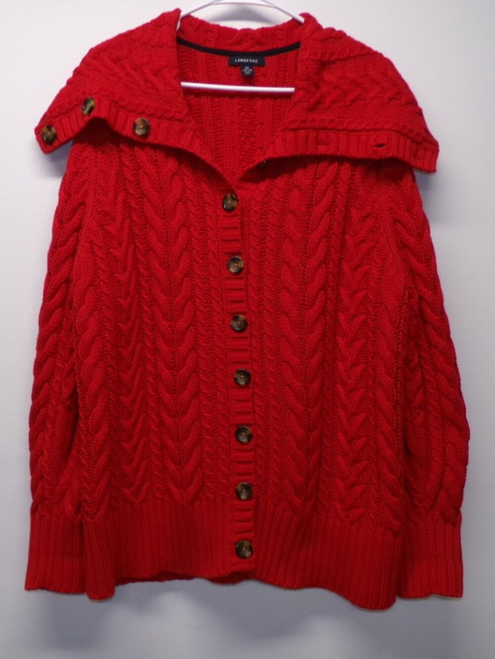 Lands' End Red Chunky Cable Knit Wide Collar Cardigan Sweater Women's Plus sz 2X